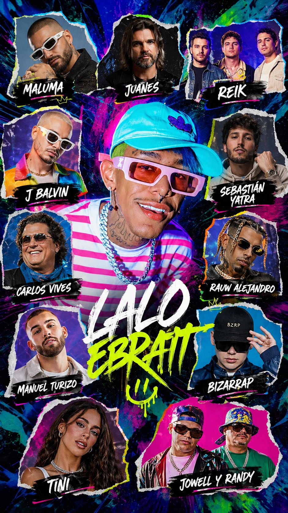Lalo Ebratt aux côtés de Maluma, J Balvin, Carlos Vives, Feid, Bizarrap, Sebastian Yatra, Manuel Turizo, Rauw Alejandro, Tini, Juanes, Reik